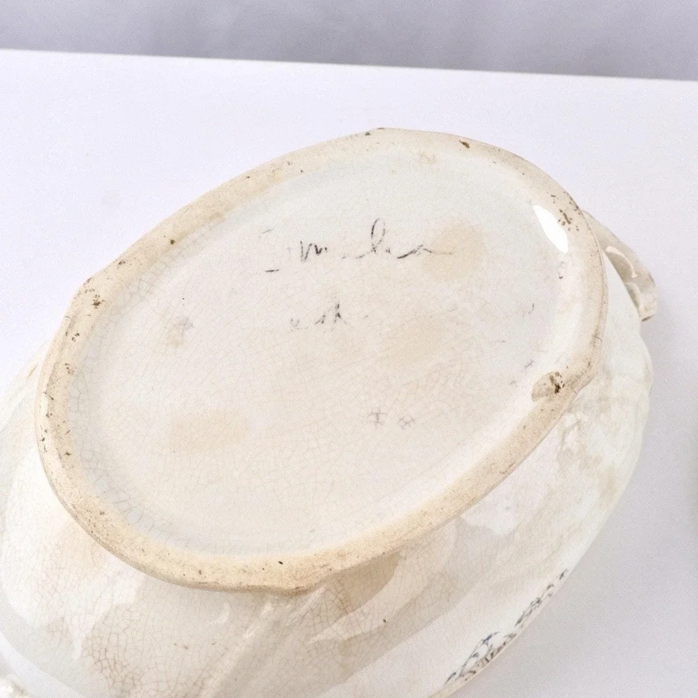 Antique White Ironstone Soup Tureen with Lid - Blue Floral, Hand Signed Base